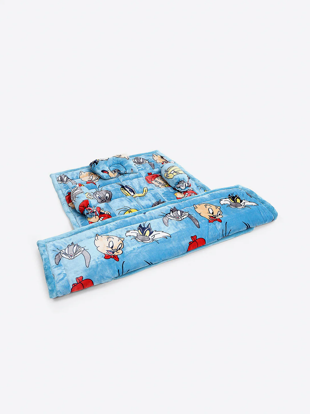 Looney Tunes Print Velvety Soft Blue Baby Blanket Set with Matching Comforter, Bedsheet, Neck Pillow, and Bolsters - Image 2