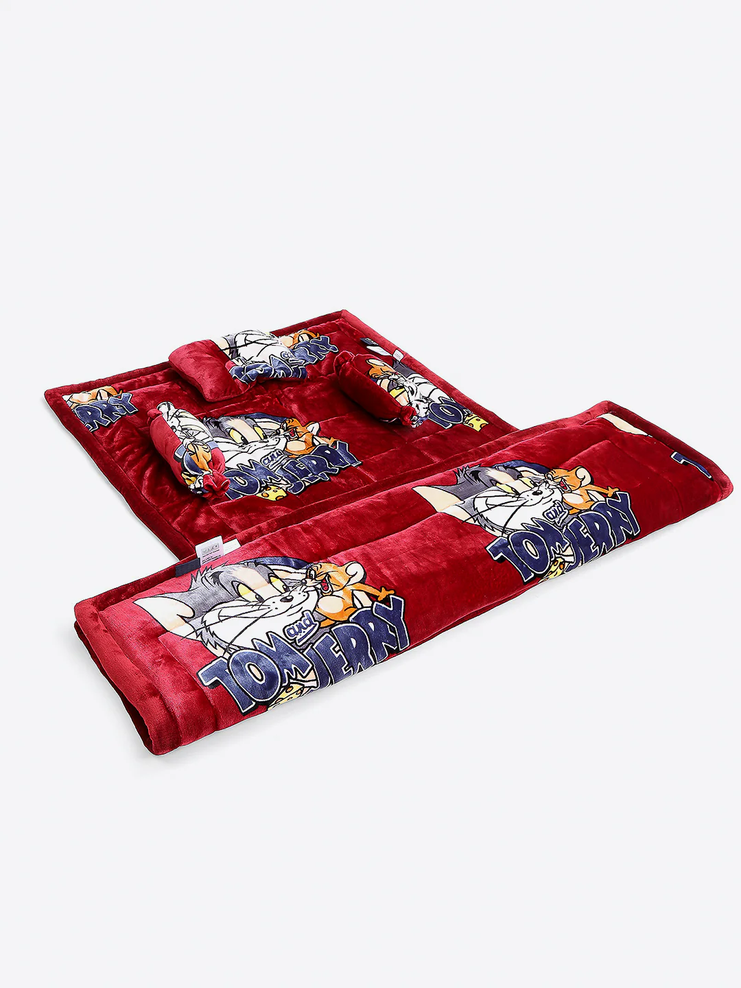 Tom and Jerry Print Velvety Red Baby Blanket Set with Matching Comforter, Bedsheet, Neck Pillow, and Bolsters - Image 2