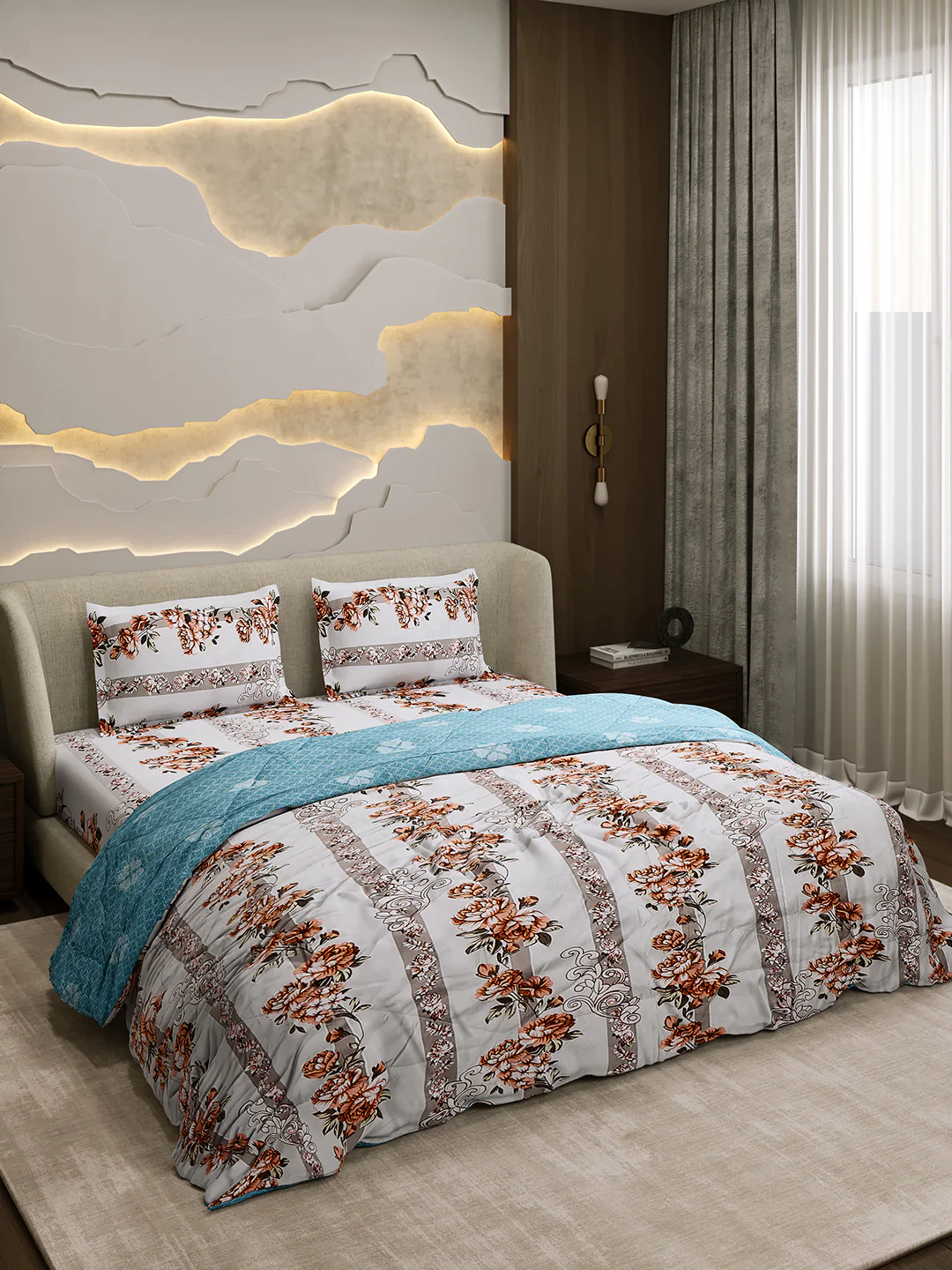 Printed Double Bed 130 GSM 4 Pc Bedding Set (1 Bedsheet, 1 AC Comforter & 2 Pillow Cover) - Image 4
