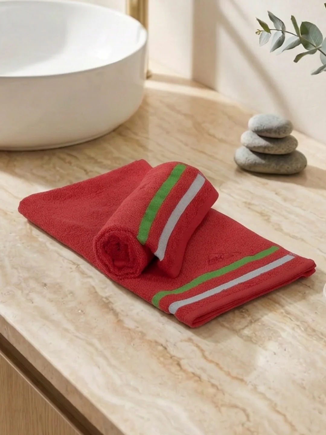 Red 100% Cotton Solid 400 GSM Gym Towel Active Dry 2 Pc Set Gift Box Pack with Free Bottle - Image 2