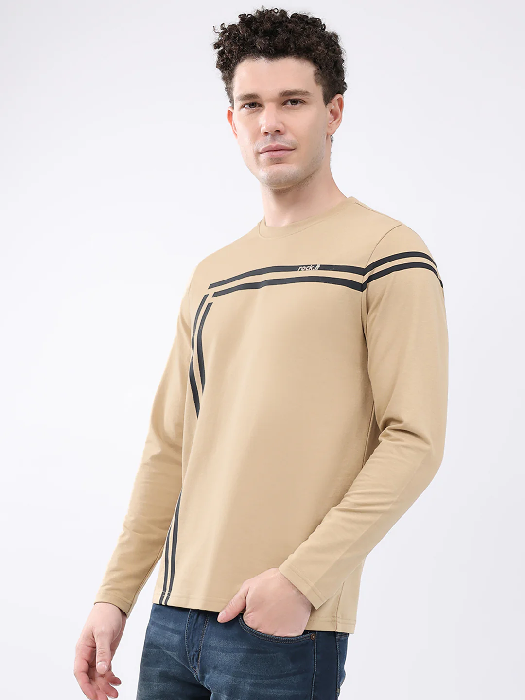 Rock.it Men Beige Solid Round Neck Full Sleeve Winter T-Shirt - Image 3