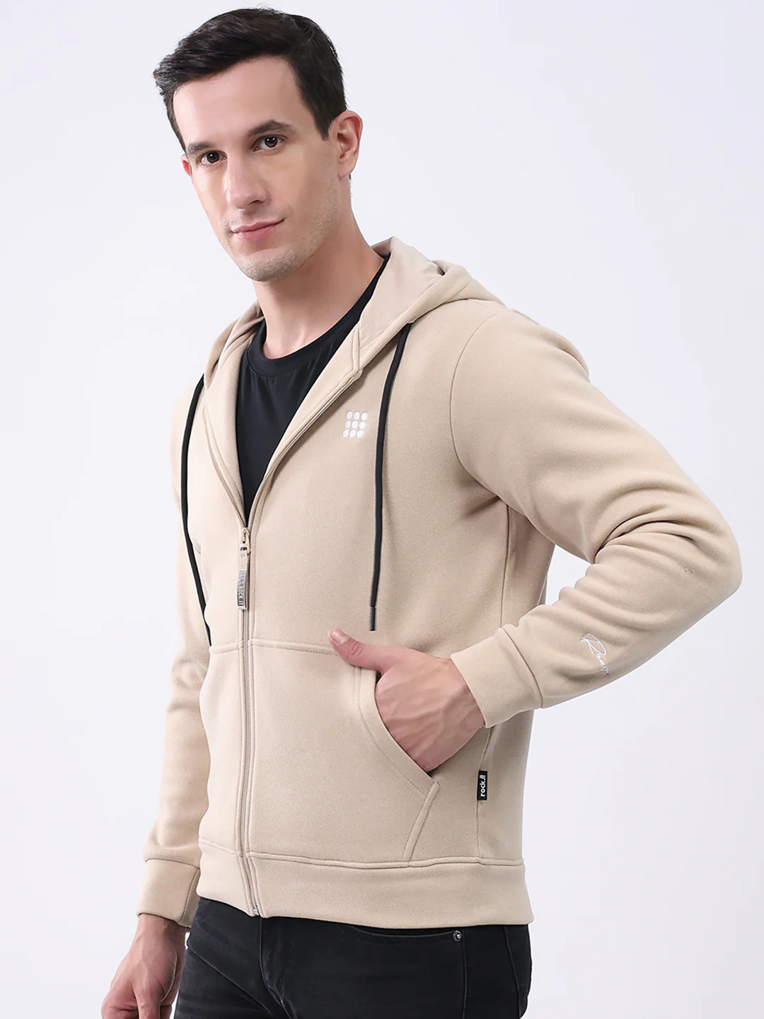 Rock.it Men Beige Solid Hooded Full Sleeve Sweatshirt - Image 3