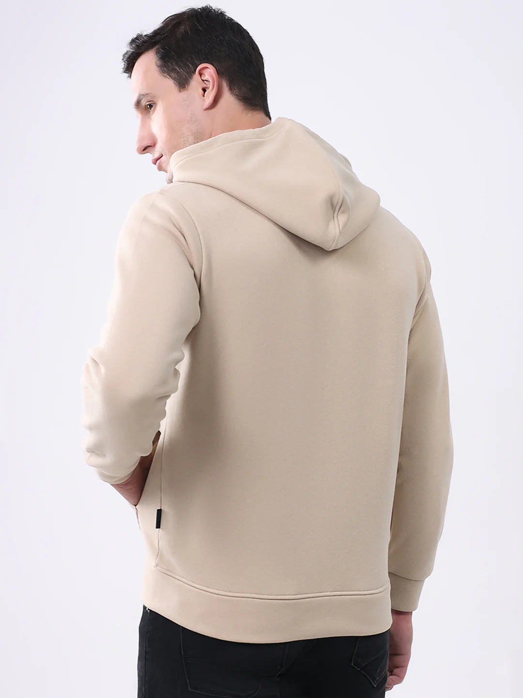 Rock.it Men Beige Solid Hooded Full Sleeve Sweatshirt - Image 5