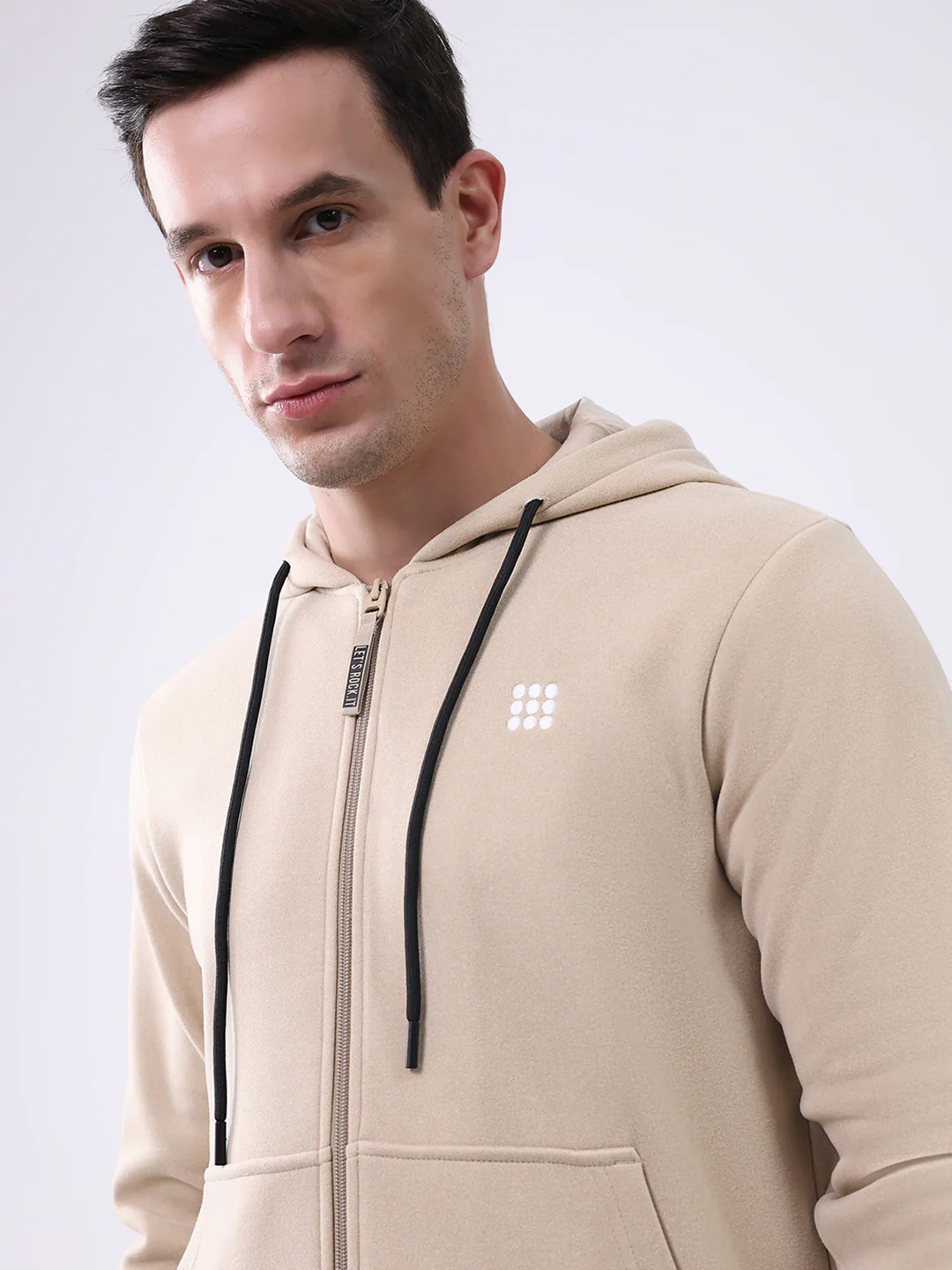 Rock.it Men Beige Solid Hooded Full Sleeve Sweatshirt - Image 6