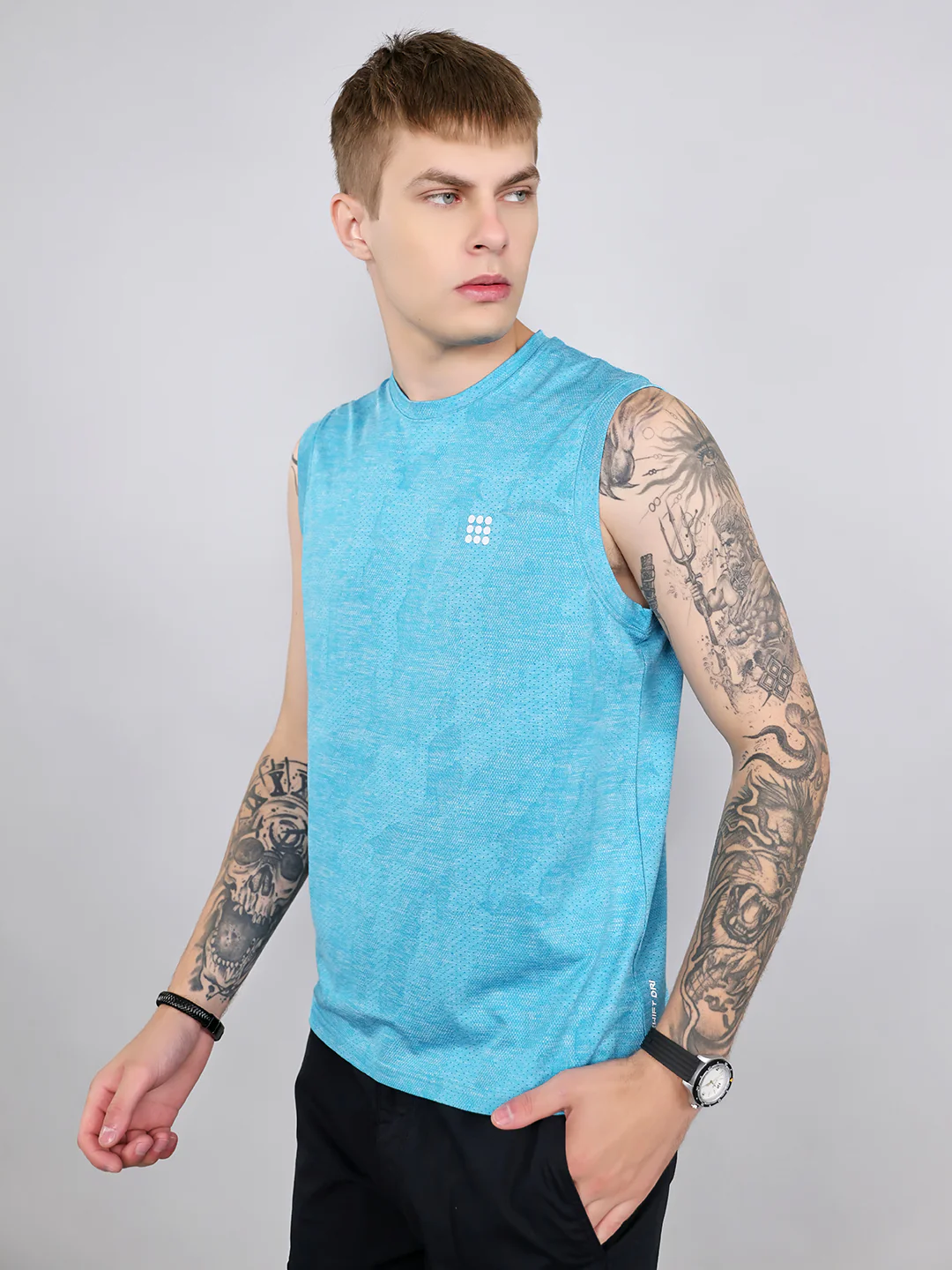 Rock.it Men Blue Jacquard Round Neck Sleeveless T-Shirt - Image 2