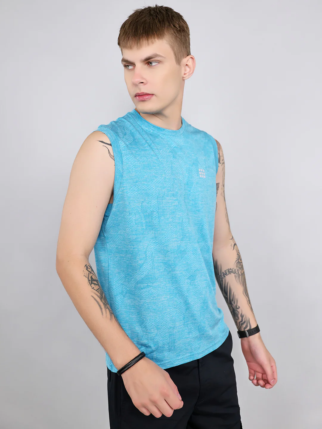 Rock.it Men Blue Jacquard Round Neck Sleeveless T-Shirt - Image 3
