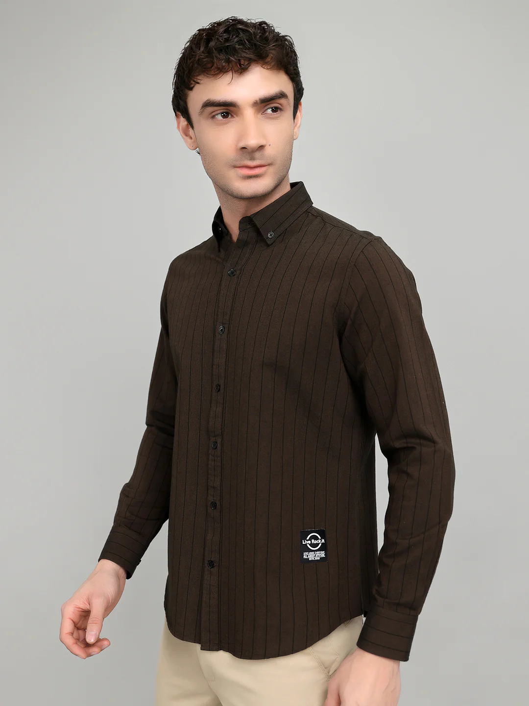 Rock.it Men Brown Stripe Collar Full Sleeve Shirt - Image 2
