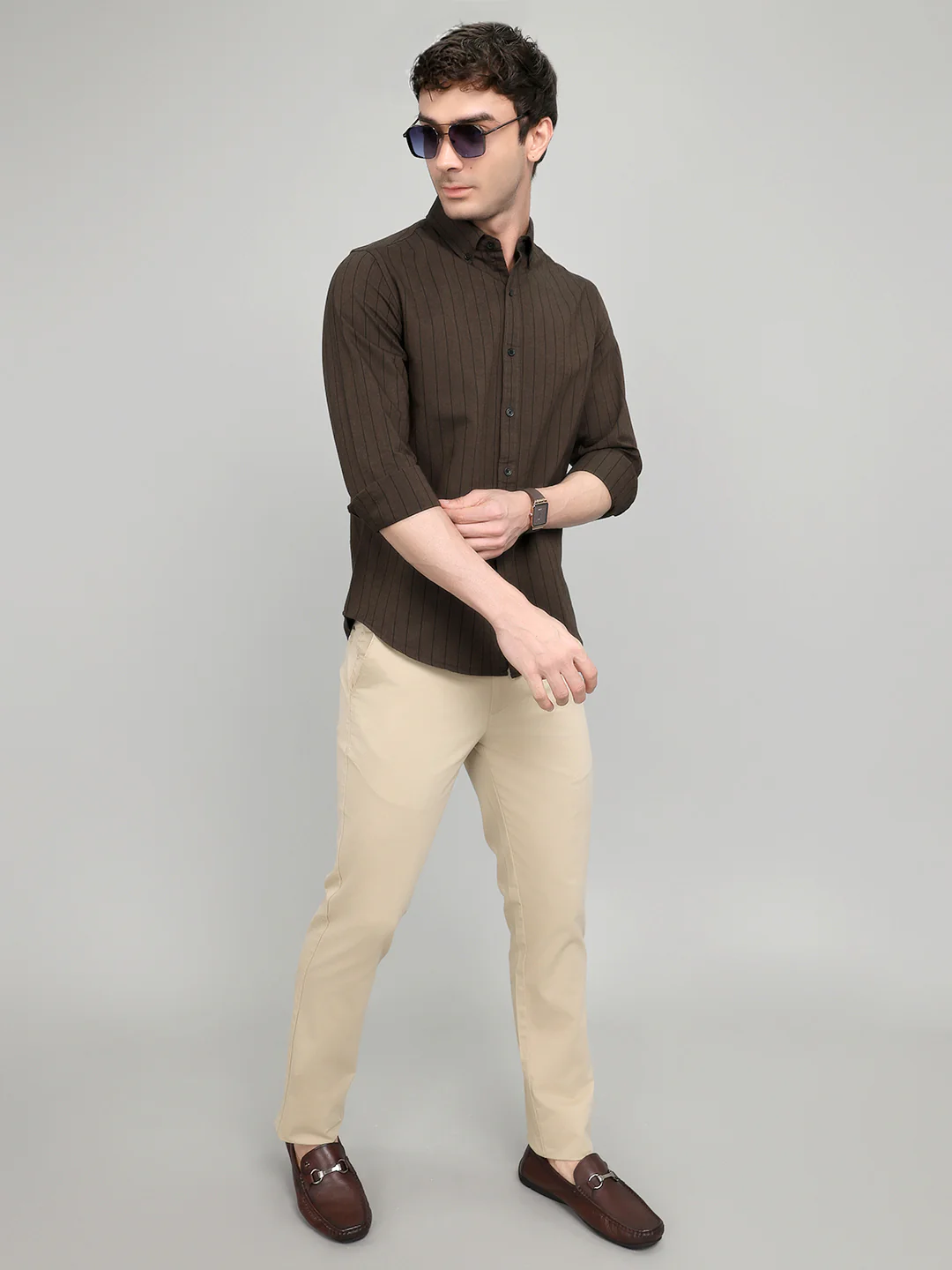 Rock.it Men Brown Stripe Collar Full Sleeve Shirt - Image 7