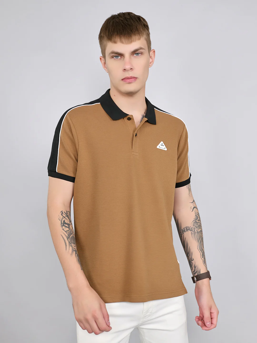 Rock.it Men Camel Brown Self Design Collar Half Sleeve T-Shirt