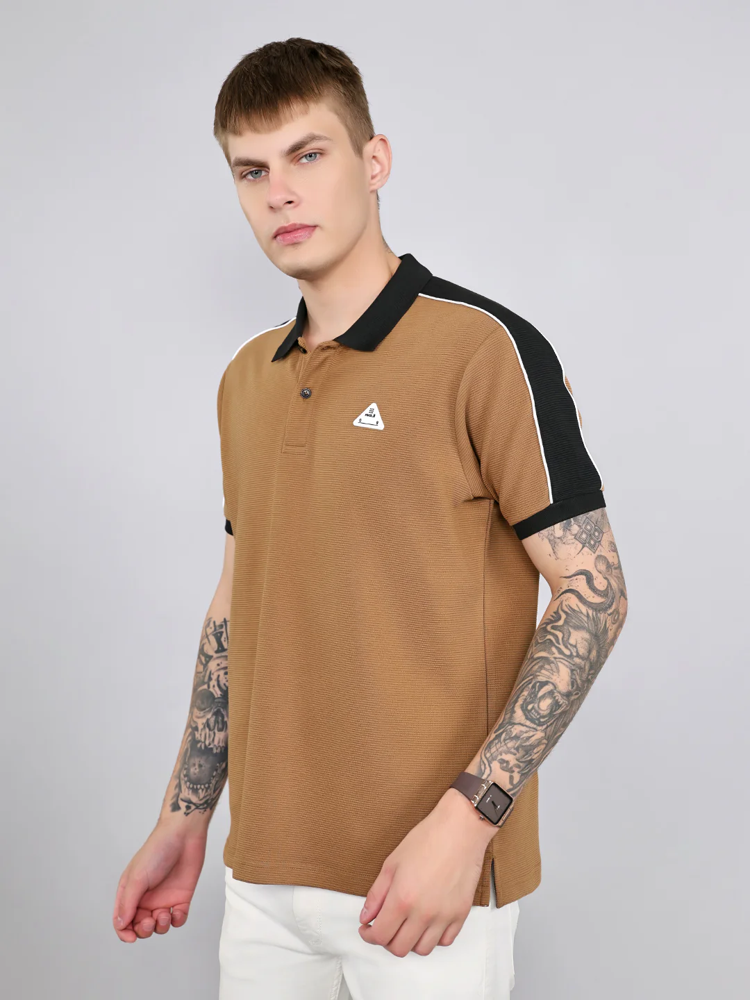 Rock.it Men Camel Brown Self Design Collar Half Sleeve T-Shirt - Image 2