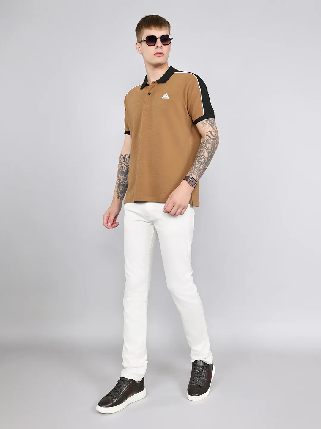 Rock.it Men Camel Brown Self Design Collar Half Sleeve T-Shirt - Image 6