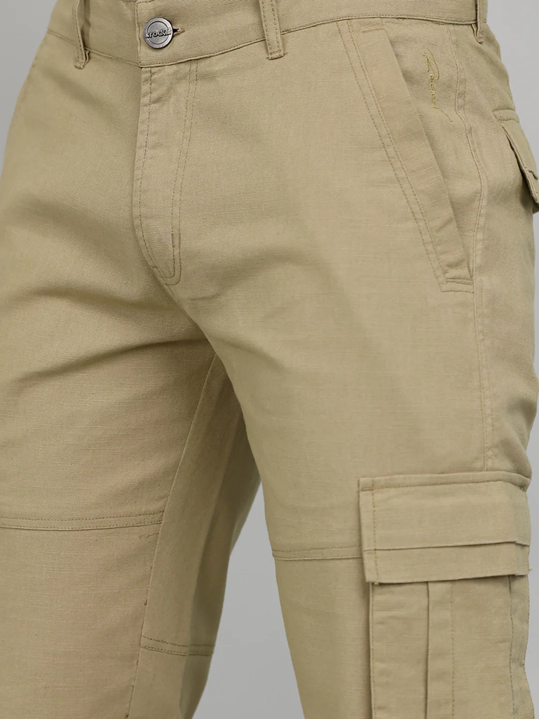 Rock.it Men Camel Brown Solid Slim Fit Cargo - Image 4