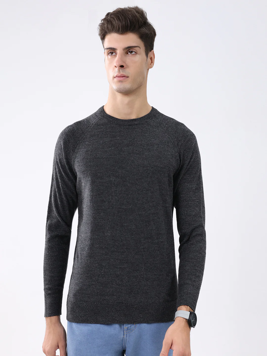 Rock.it Men Charcoal Solid Round Neck Full Sleeve Pullover