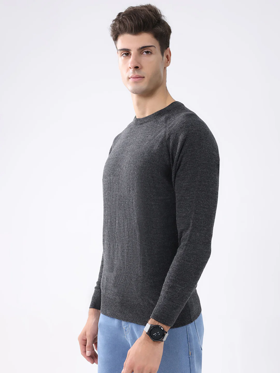 Rock.it Men Charcoal Solid Round Neck Full Sleeve Pullover - Image 3