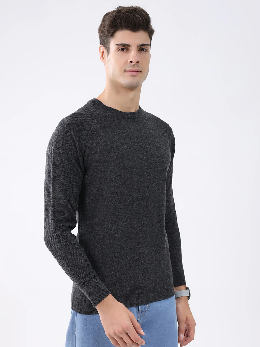 Rock.it Men Charcoal Solid Round Neck Full Sleeve Pullover - Image 4