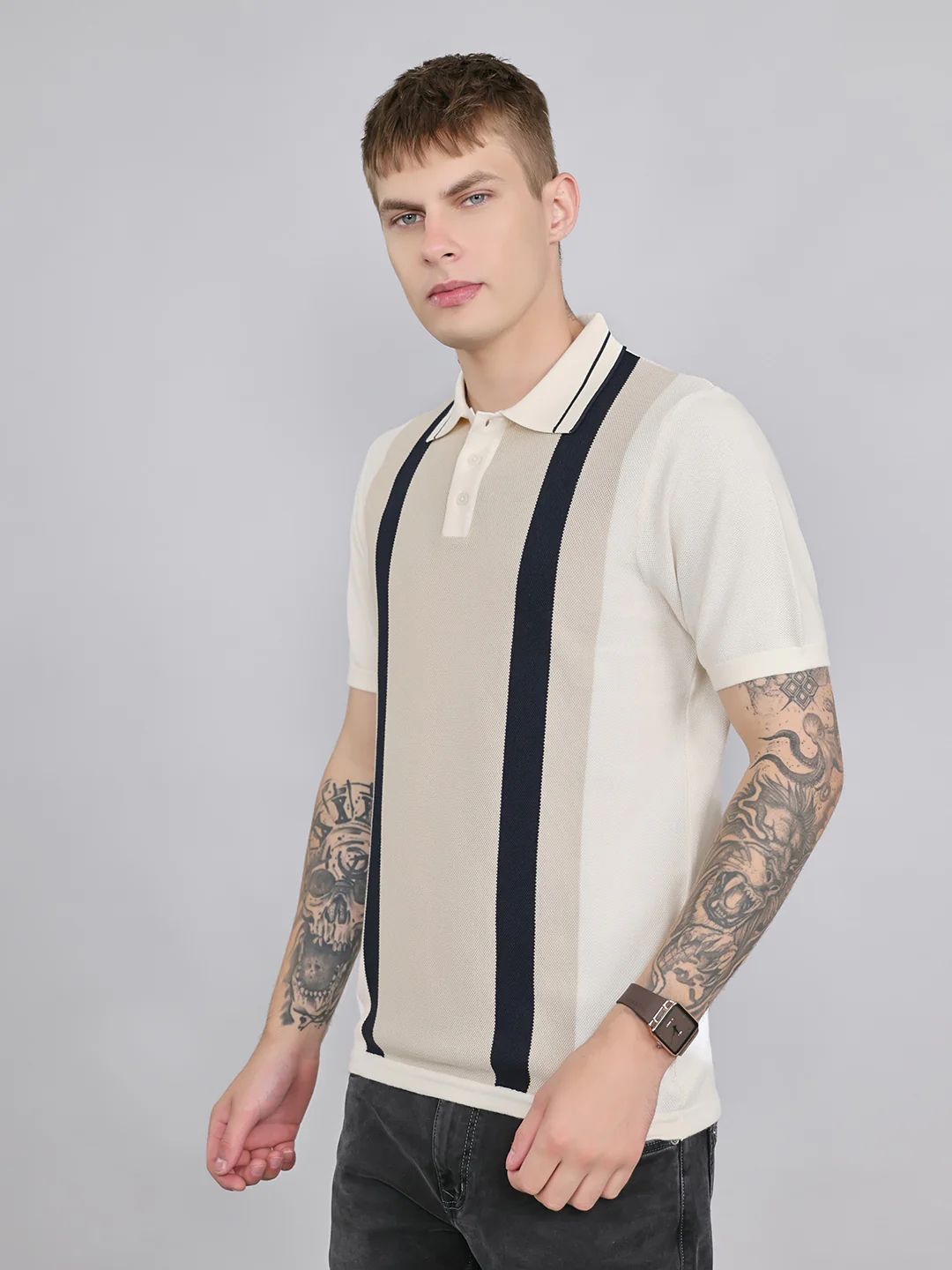 Rock.it Men Cream Stripe Collar Half Sleeve T-Shirt - Image 2