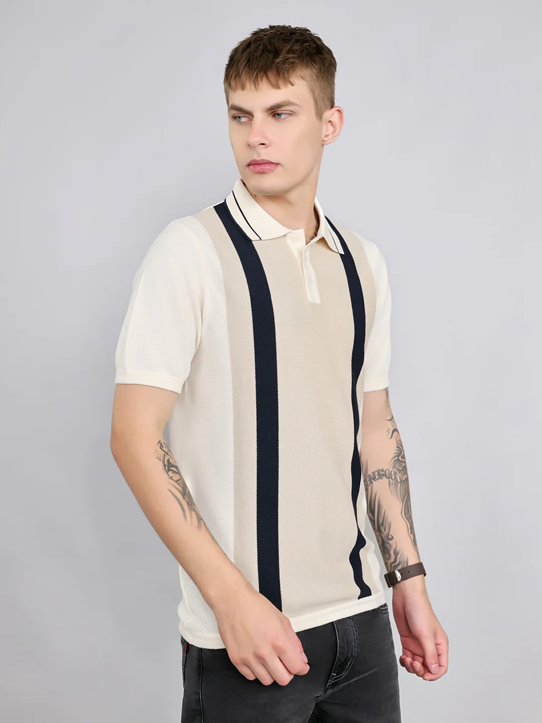 Rock.it Men Cream Stripe Collar Half Sleeve T-Shirt - Image 3