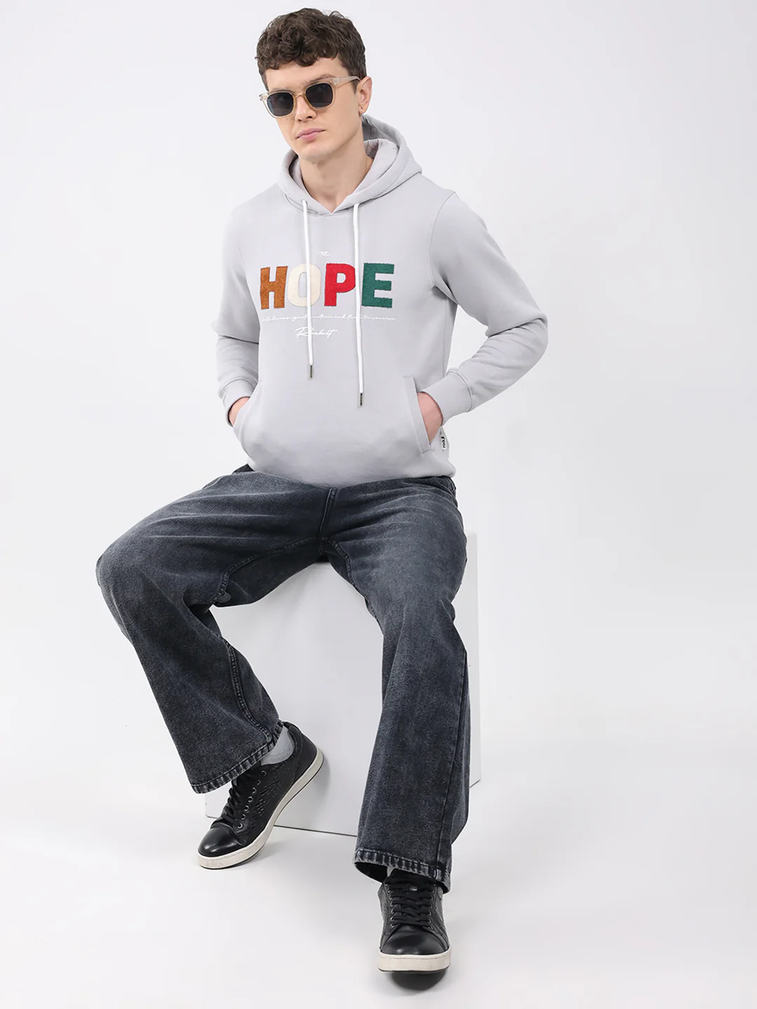 Rock.it Men Grey Embroidered Hooded Full Sleeve Sweatshirt - Image 2