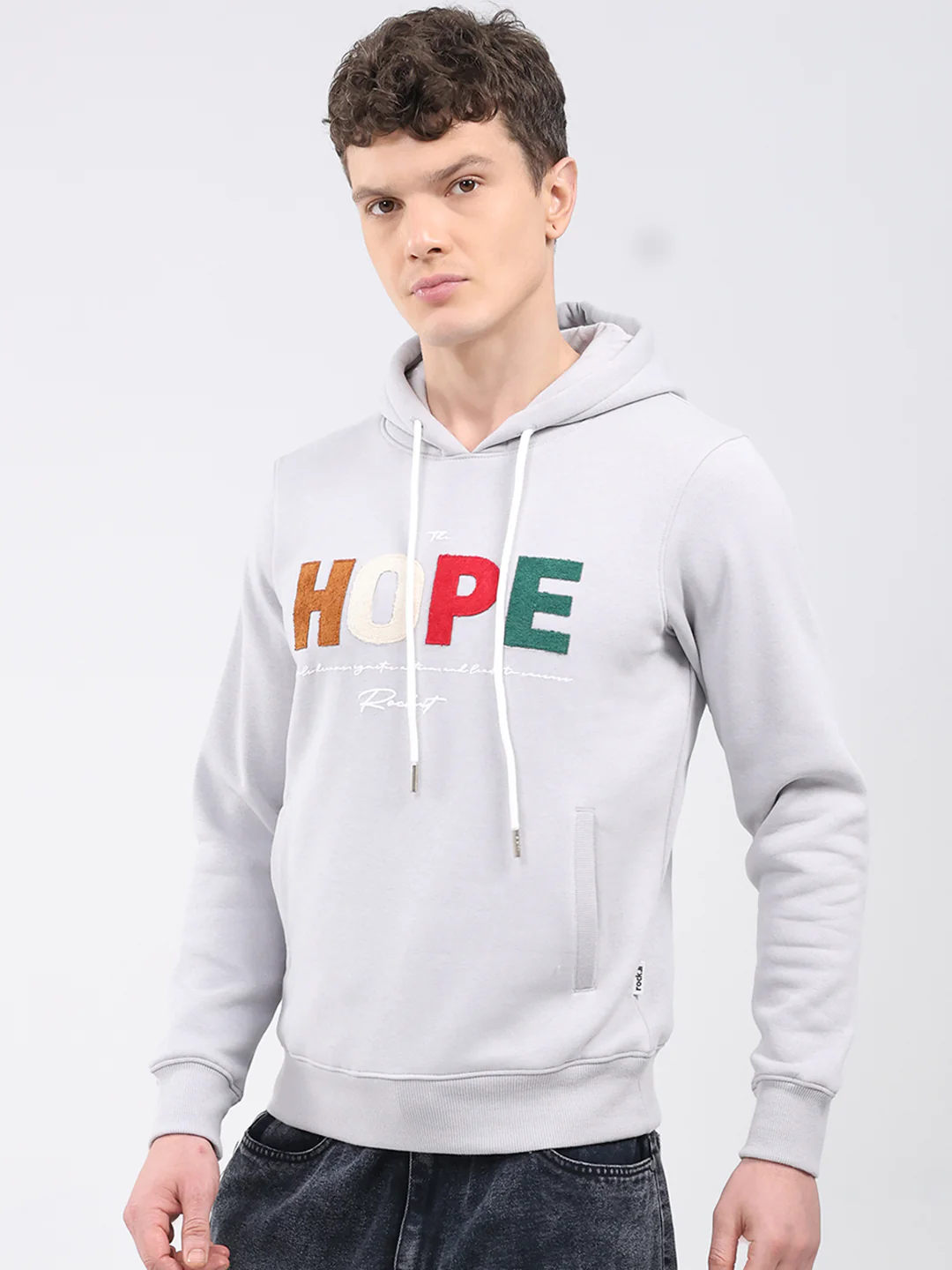 Rock.it Men Grey Embroidered Hooded Full Sleeve Sweatshirt - Image 3