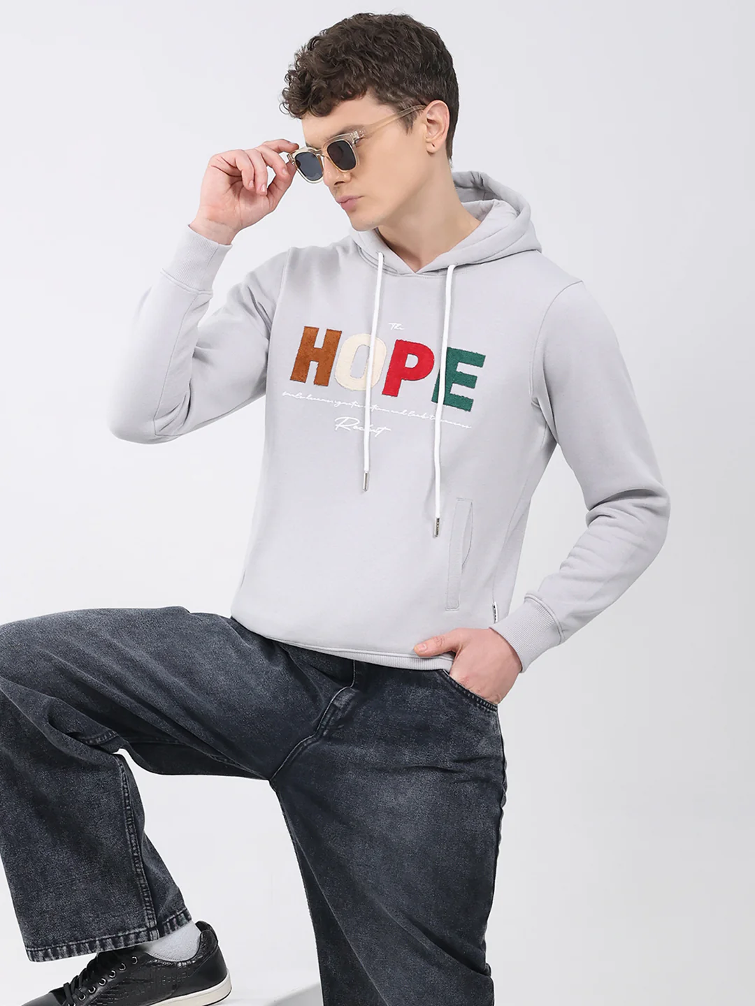 Rock.it Men Grey Embroidered Hooded Full Sleeve Sweatshirt - Image 6