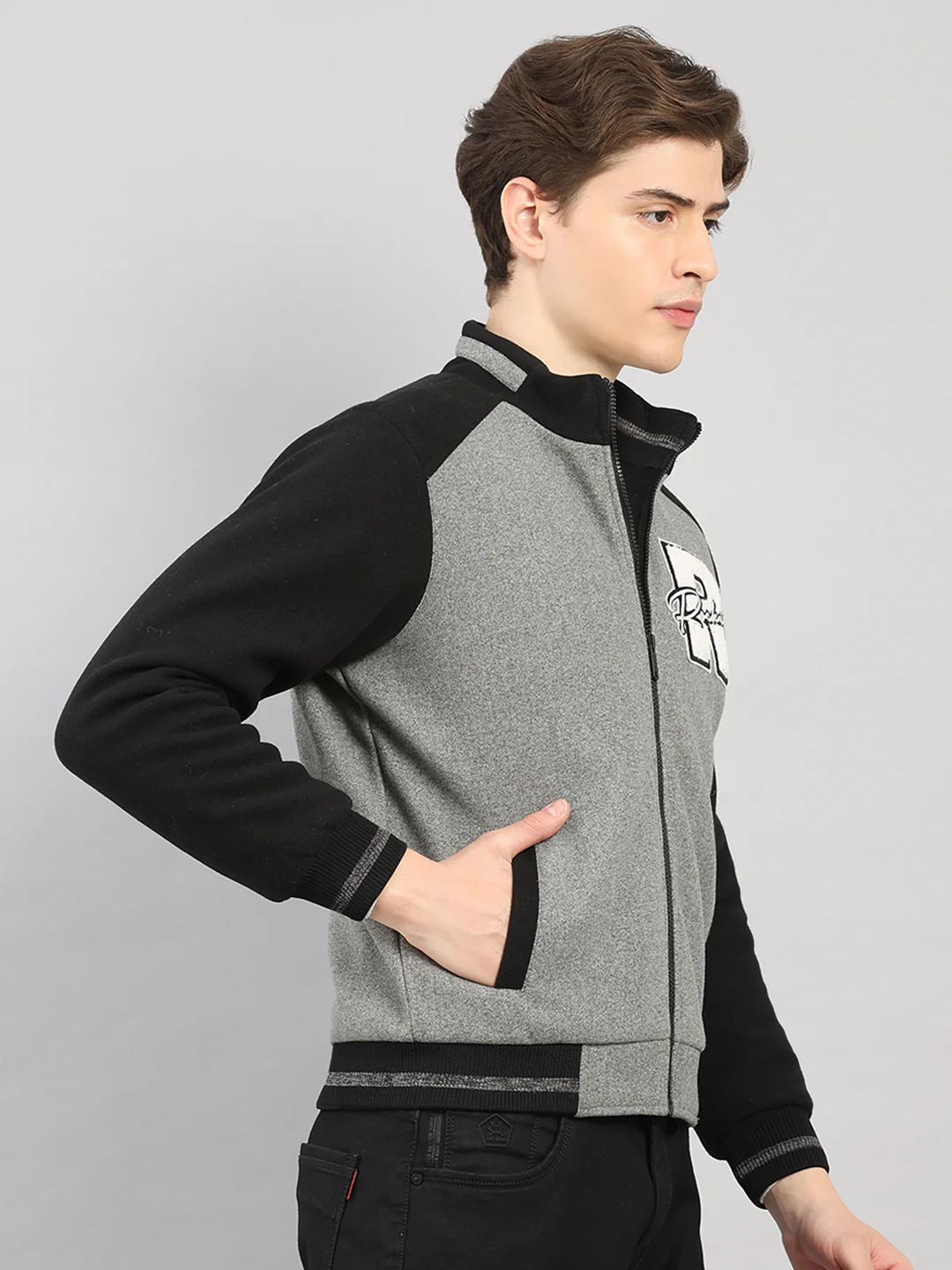 Rock.it Men Grey Melange Solid Stand Collar Full Sleeve Jacket - Image 4