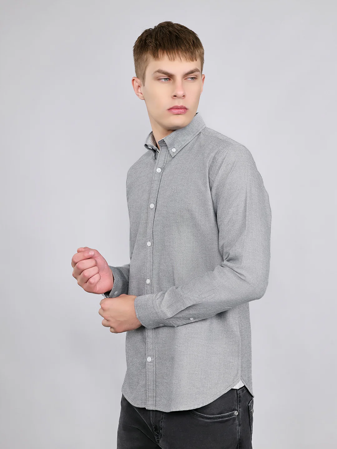 Rock.it Men Grey Solid Collar Full Sleeve Shirt - Image 2