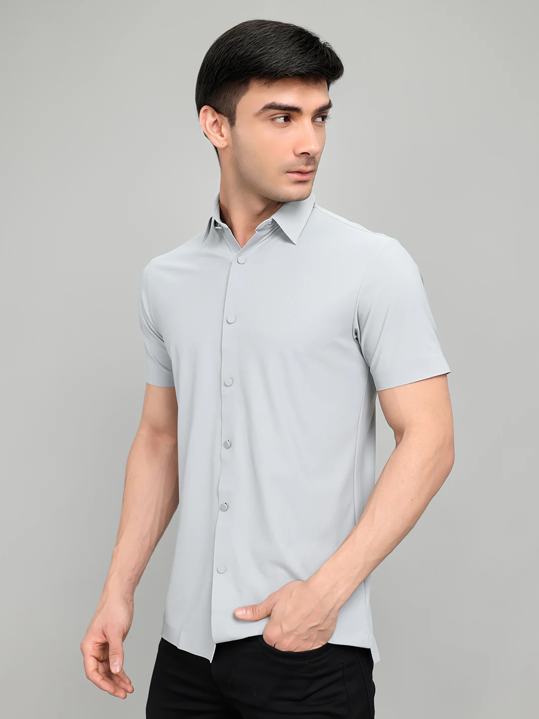 Rock.it Men Grey Solid Collar Half Sleeve Shirt - Image 2
