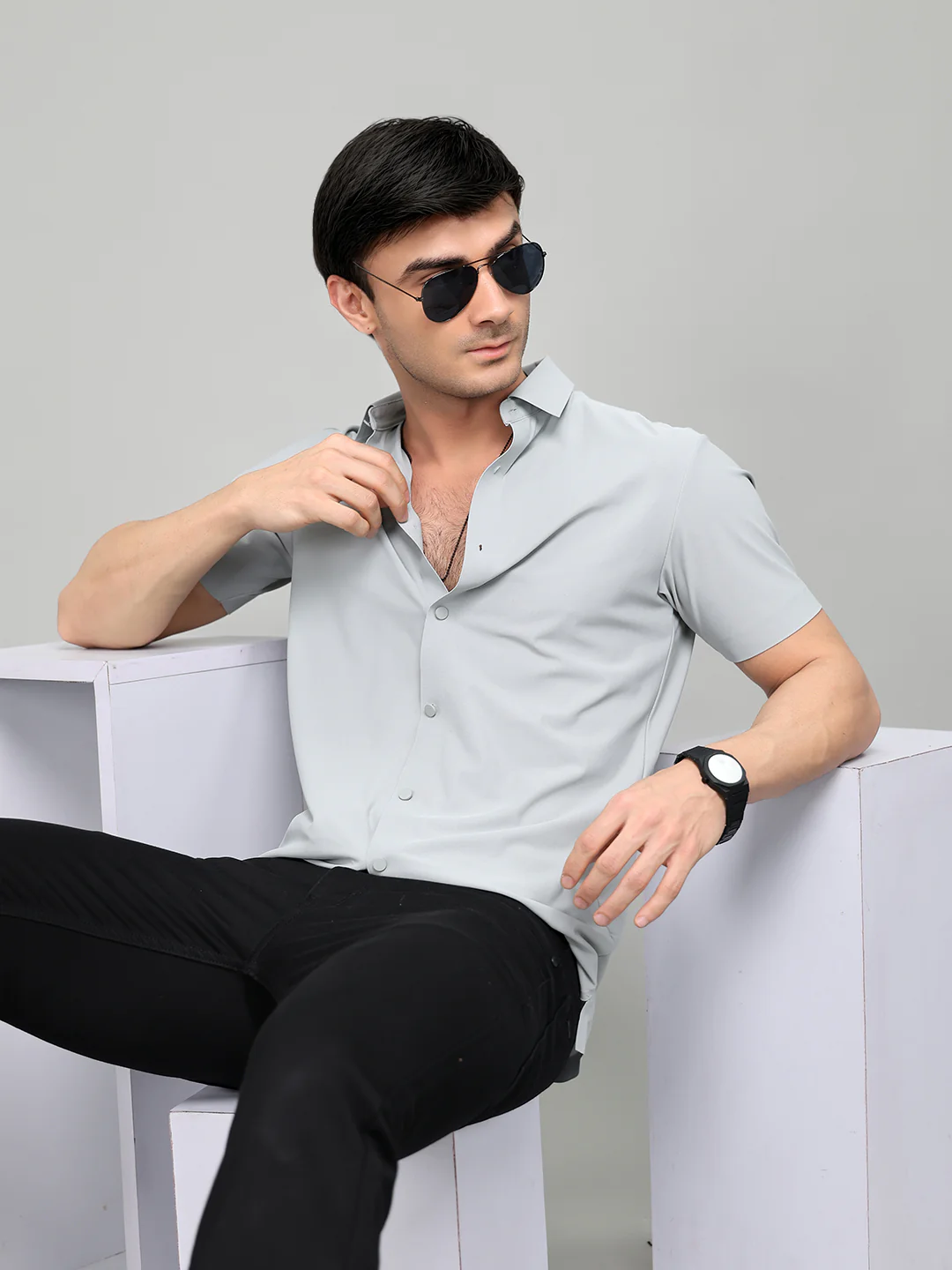 Rock.it Men Grey Solid Collar Half Sleeve Shirt - Image 7