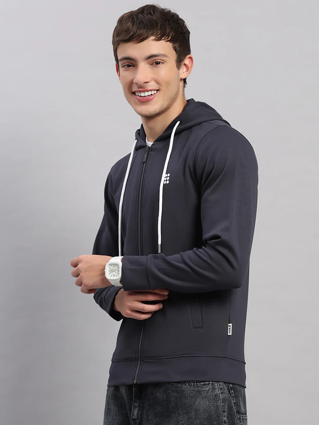 Rock.it Men Grey Solid Hooded Full Sleeve Sweatshirt - Image 3