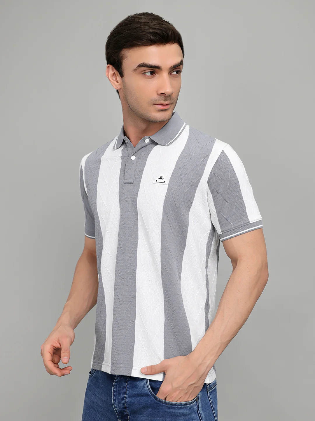 Rock.it Men Grey & White Stripe Collar Half Sleeve T-Shirt - Image 2