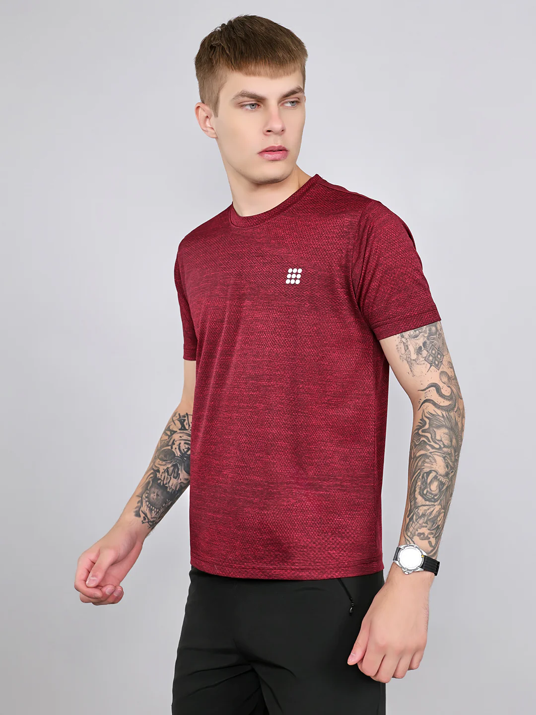 Rock.it Men Maroon Jacquard Round Neck Half Sleeve T-Shirt - Image 2