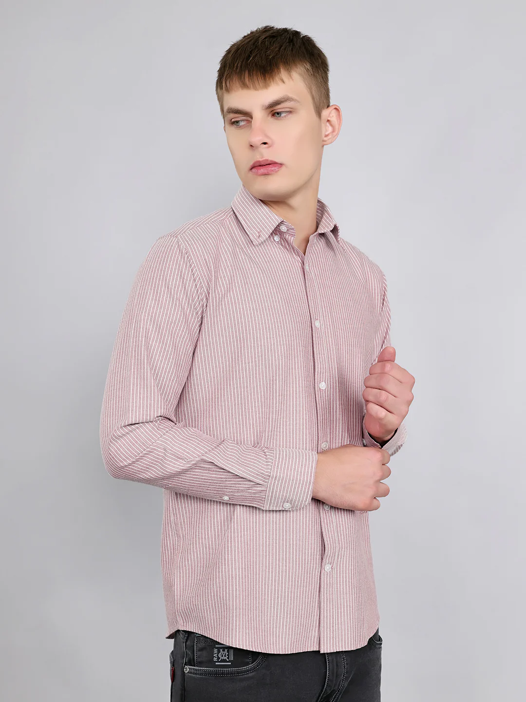 Rock.it Men Mauve Stripe Collar Full Sleeve Shirt - Image 3