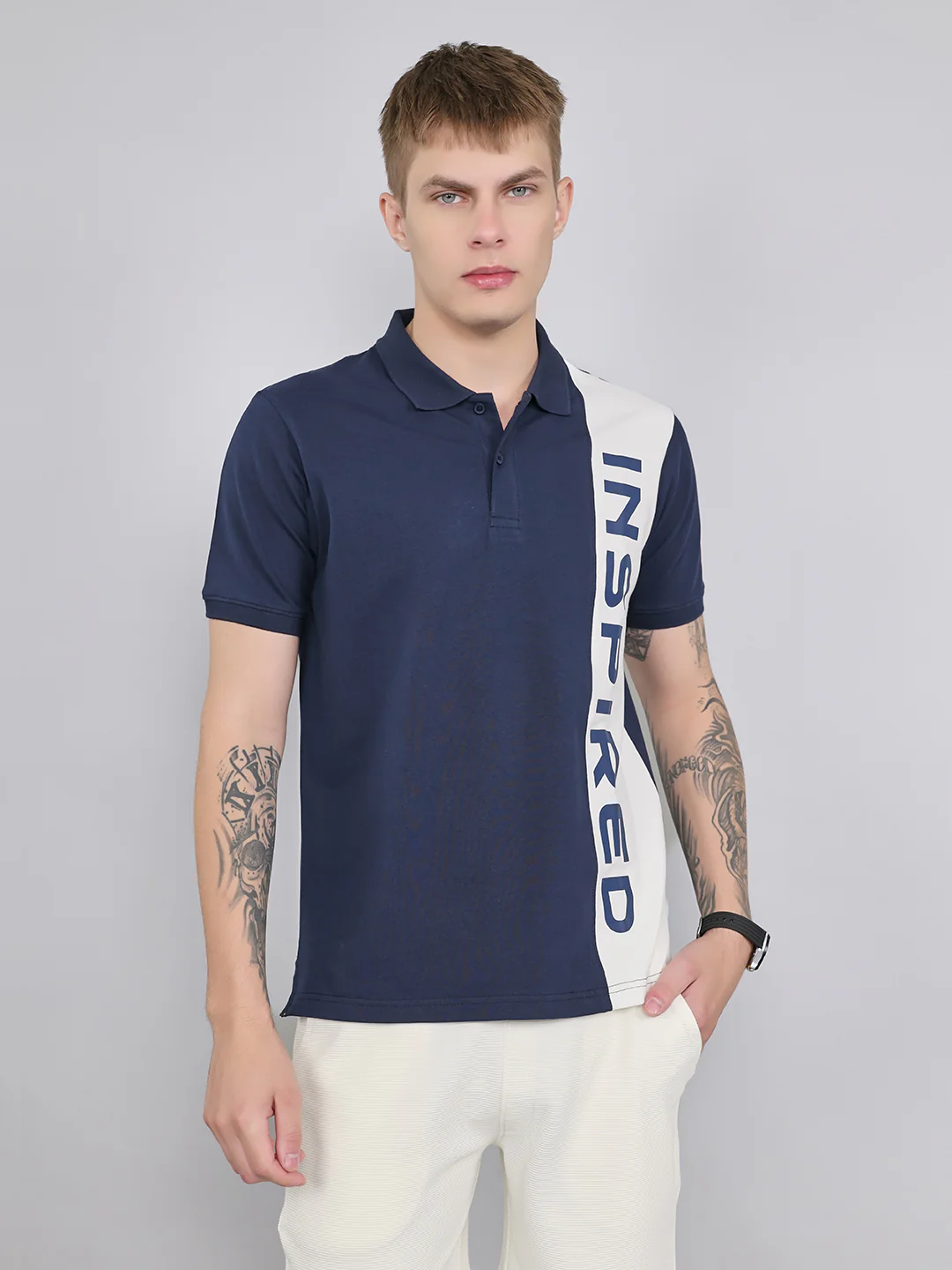 Rock.it Men Navy Blue Printed Collar Half Sleeve T-Shirt