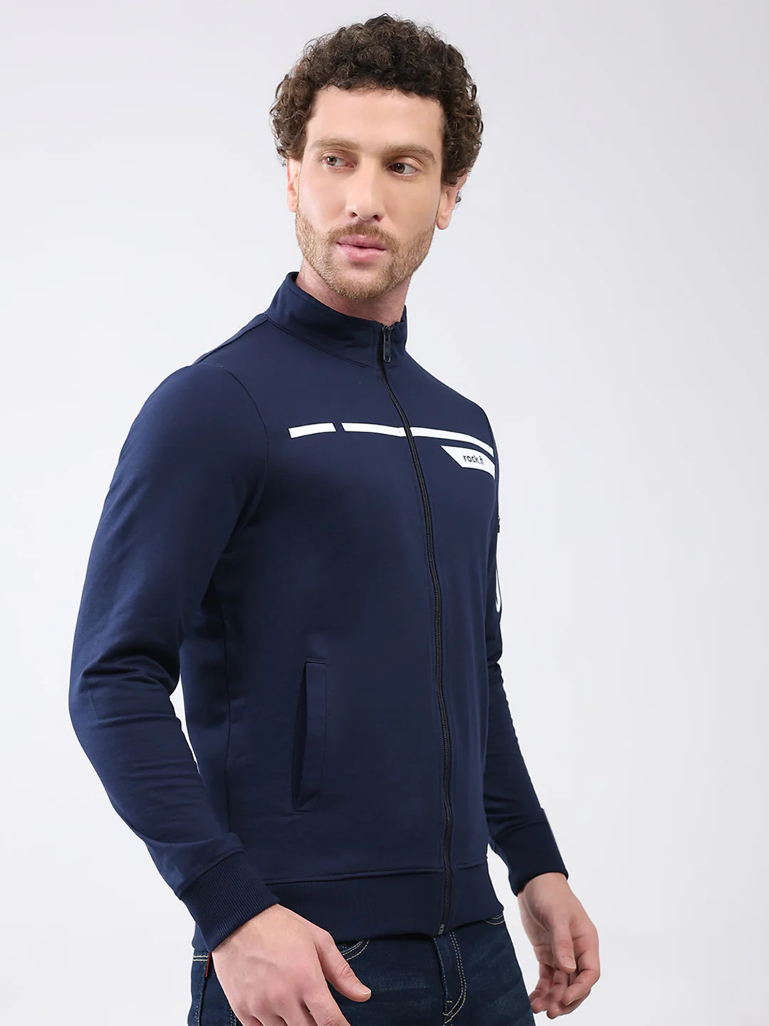 Rock.it Men Navy Blue Printed Mock Neck Full Sleeve Sweatshirt - Image 4