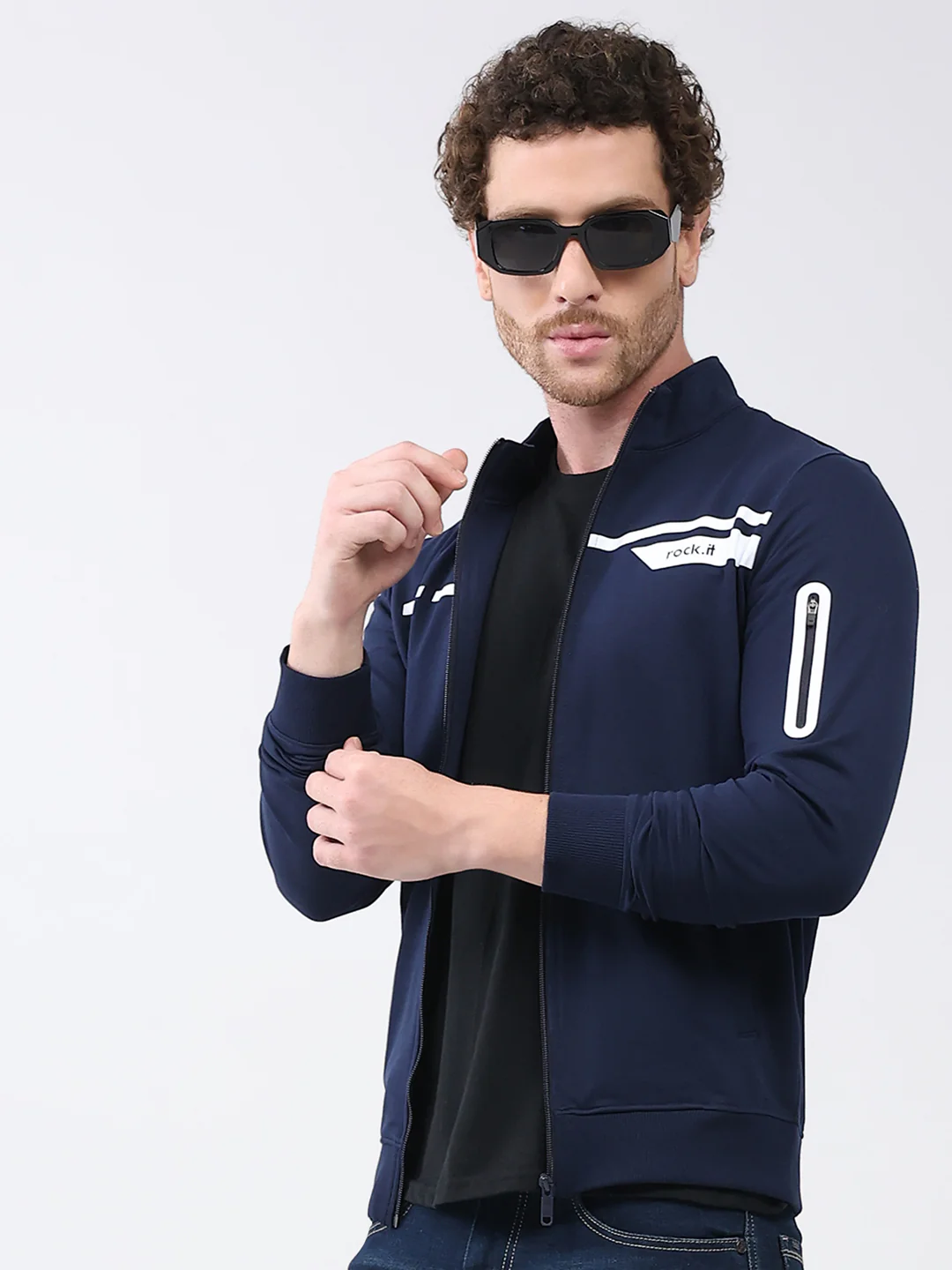 Rock.it Men Navy Blue Printed Mock Neck Full Sleeve Sweatshirt - Image 6