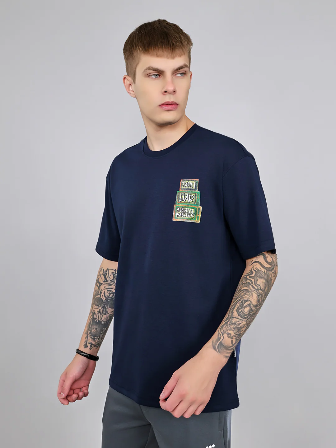 Rock.it Men Navy Blue Printed Round Neck Drop Shoulder Half Sleeve T-Shirt - Image 2
