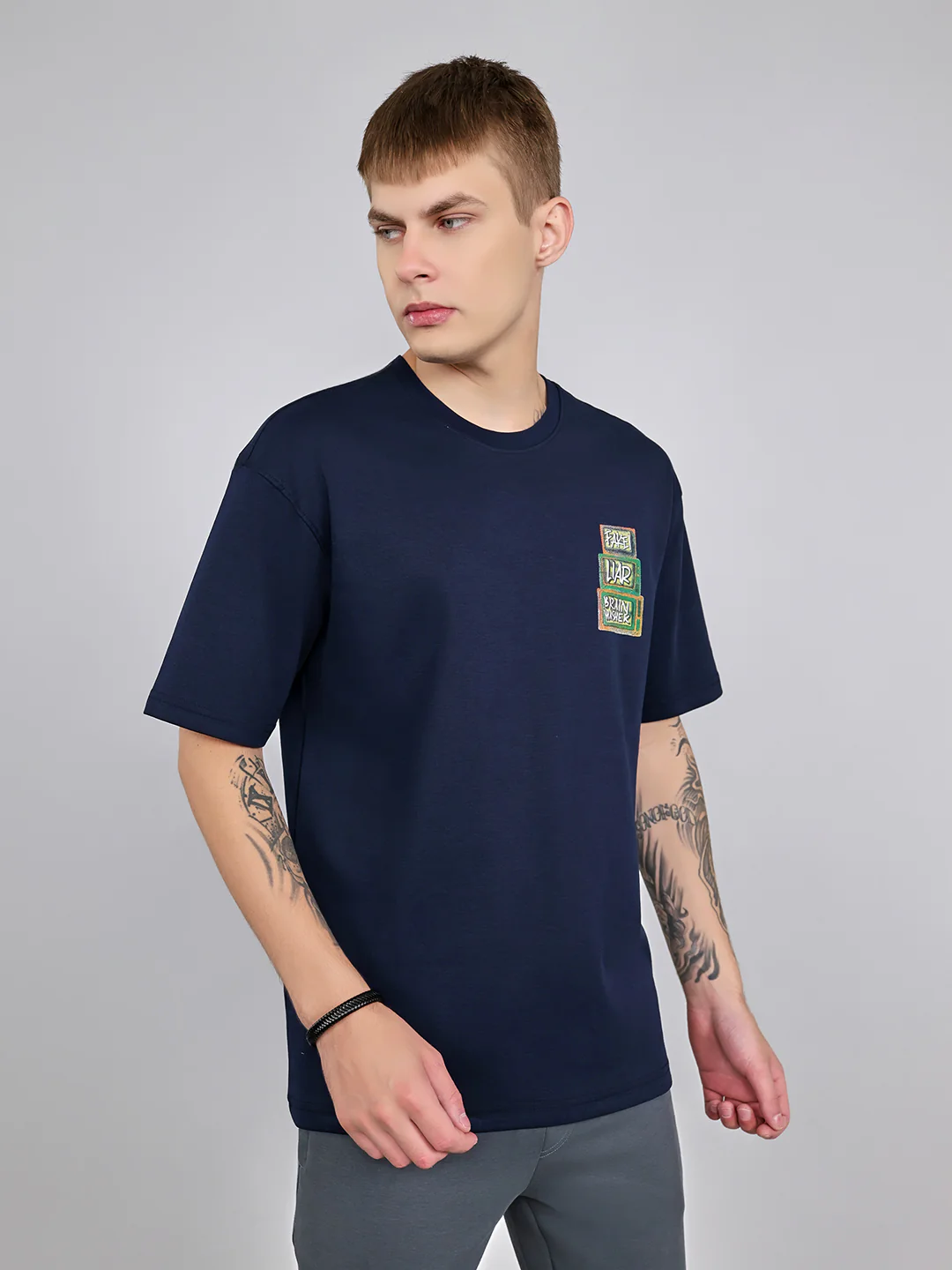 Rock.it Men Navy Blue Printed Round Neck Drop Shoulder Half Sleeve T-Shirt - Image 3