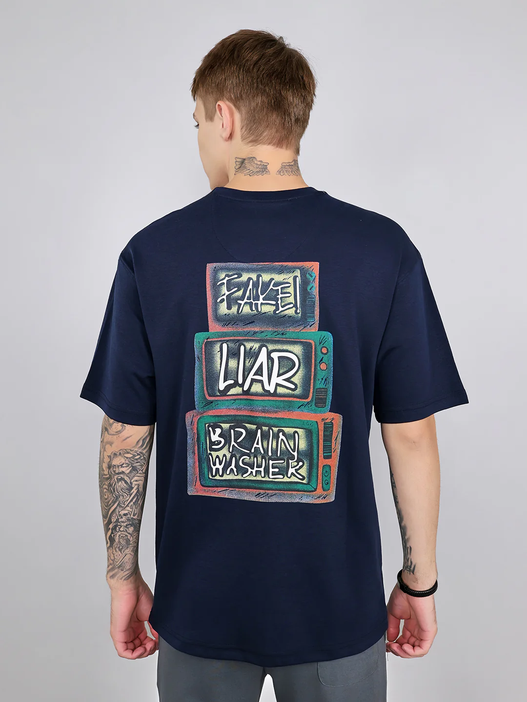 Rock.it Men Navy Blue Printed Round Neck Drop Shoulder Half Sleeve T-Shirt - Image 4