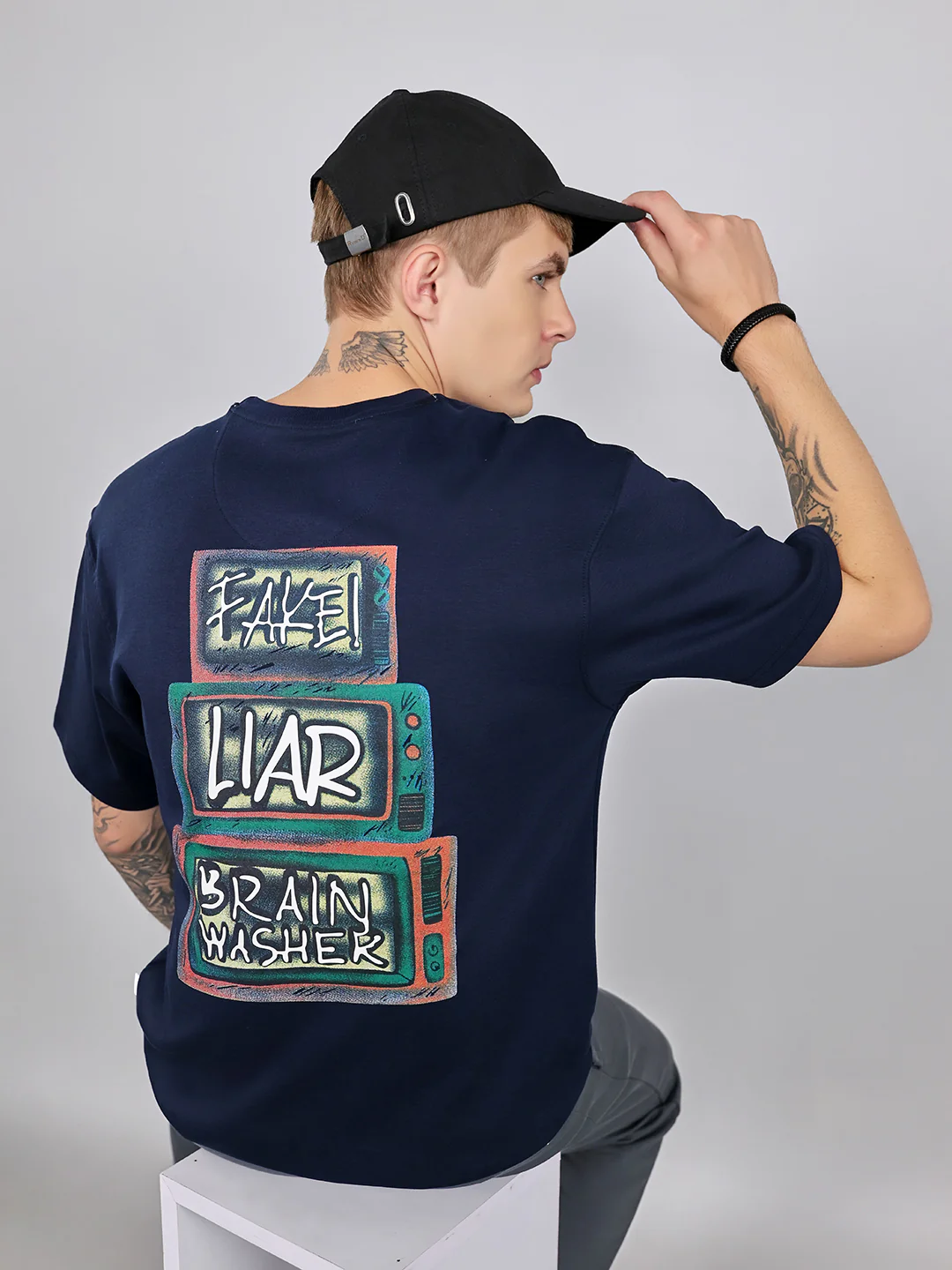 Rock.it Men Navy Blue Printed Round Neck Drop Shoulder Half Sleeve T-Shirt - Image 9