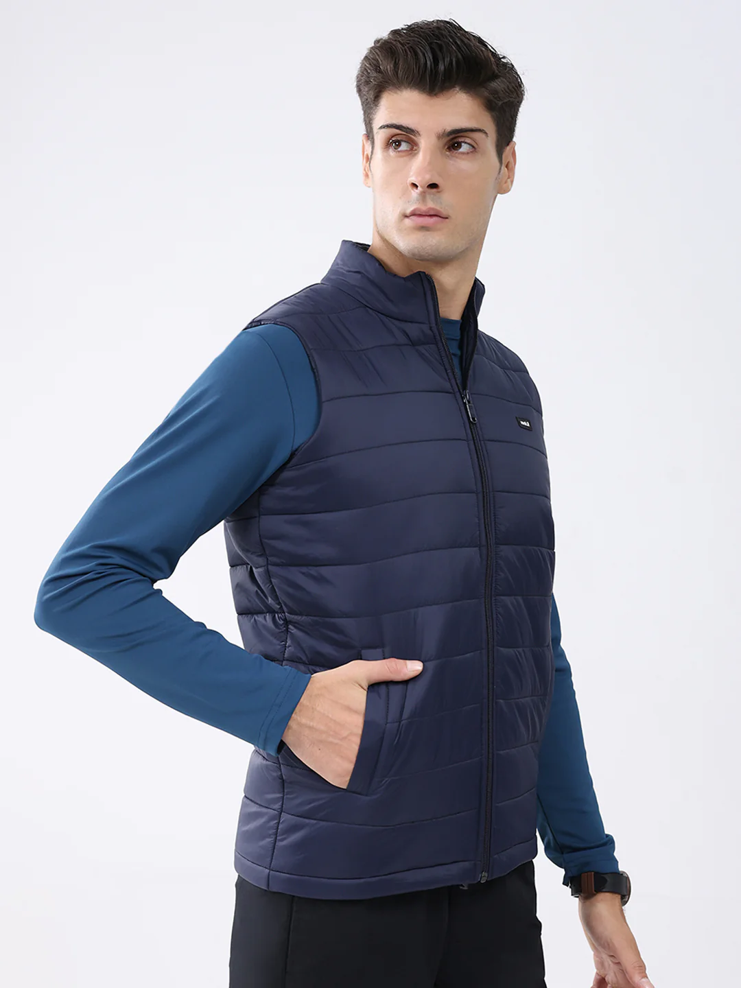 Rock.it Men Navy Blue Solid Collar Sleeveless Jacket - Image 4