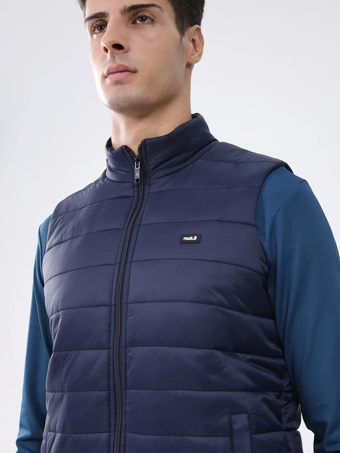 Rock.it Men Navy Blue Solid Collar Sleeveless Jacket - Image 7