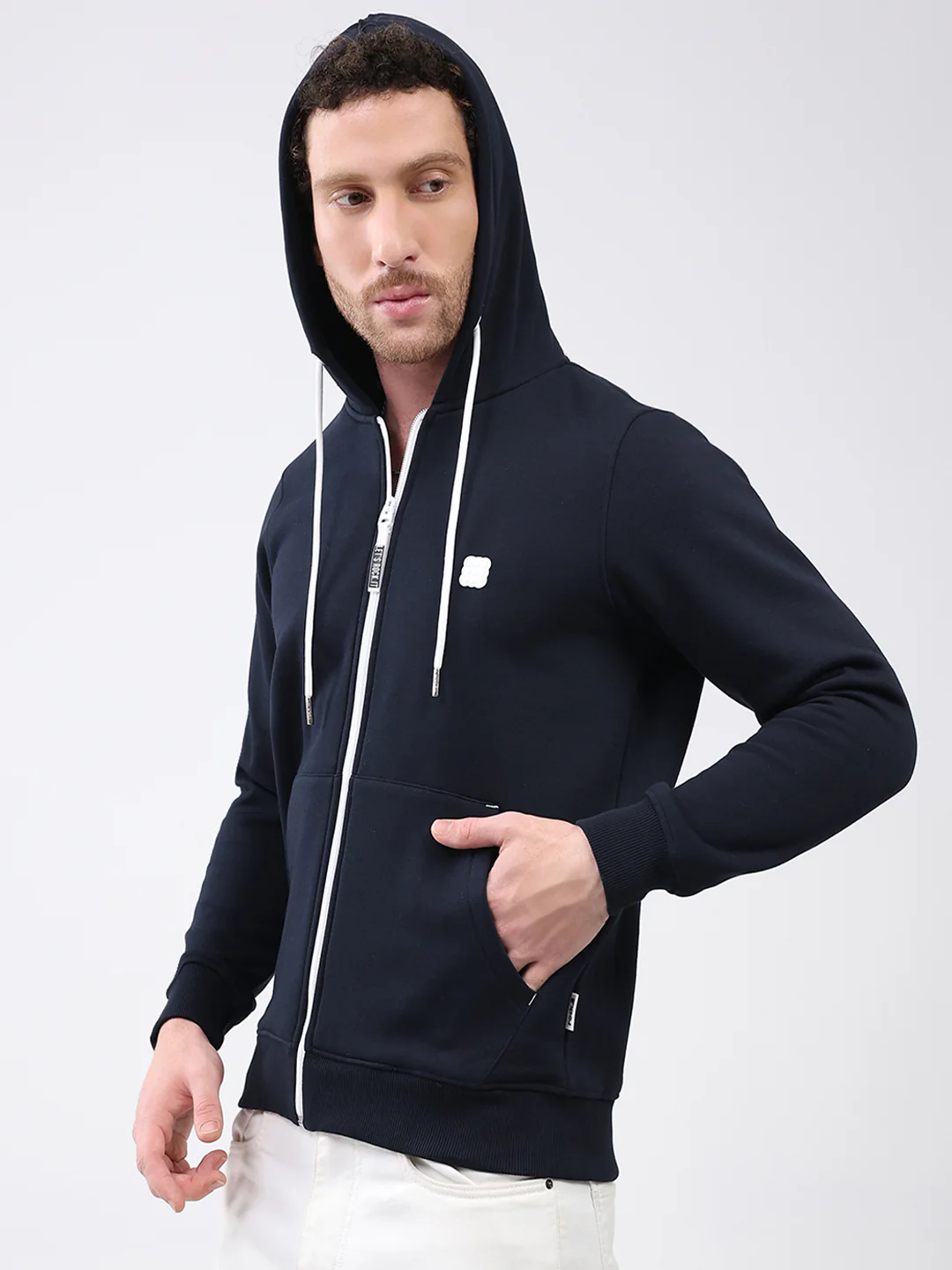 Rock.it Men Navy Blue Solid Hooded Full Sleeve Sweatshirt - Image 6