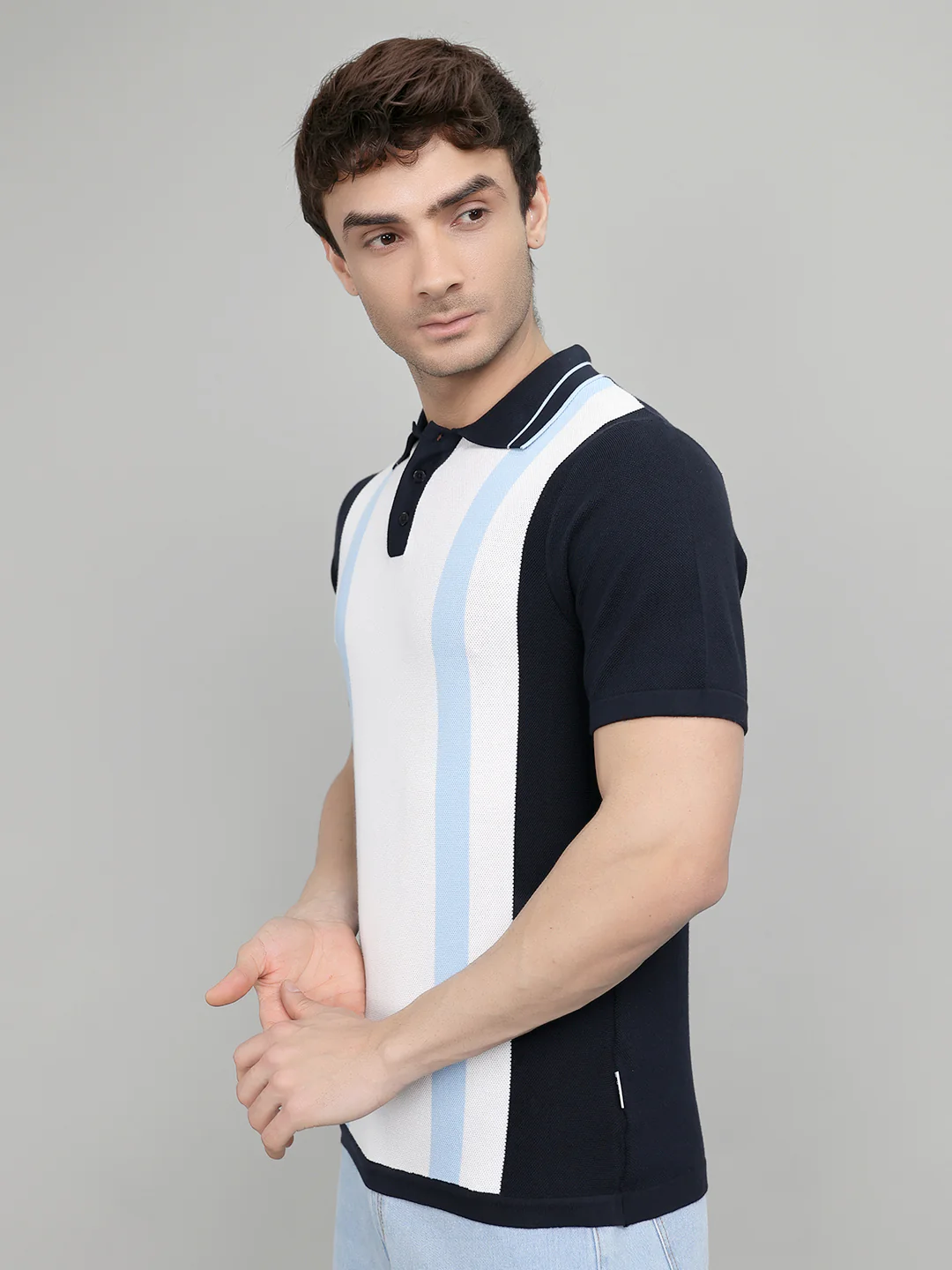 Rock.it Men Navy Blue Stripe Collar Half Sleeve T-Shirt - Image 2