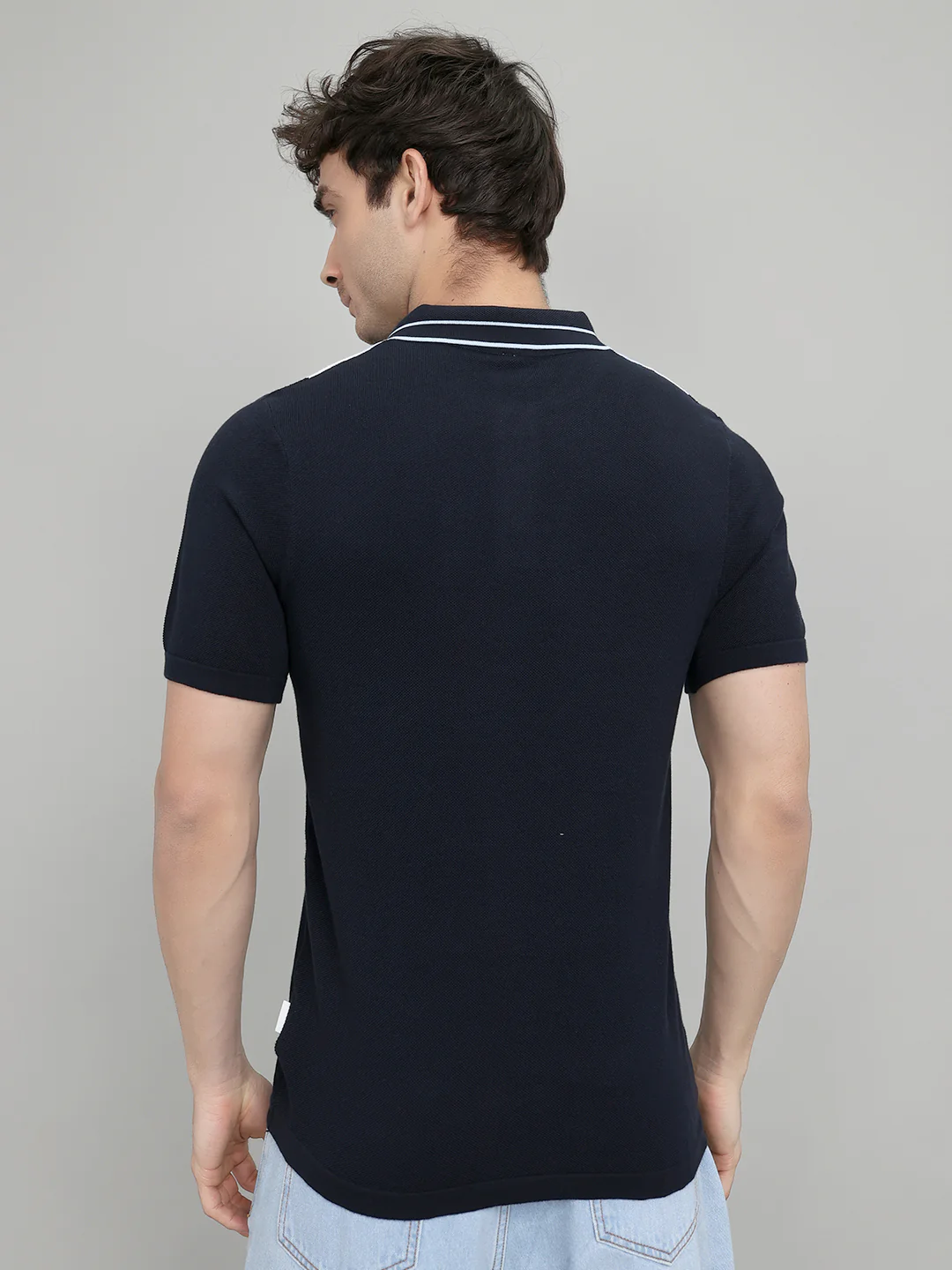 Rock.it Men Navy Blue Stripe Collar Half Sleeve T-Shirt - Image 4