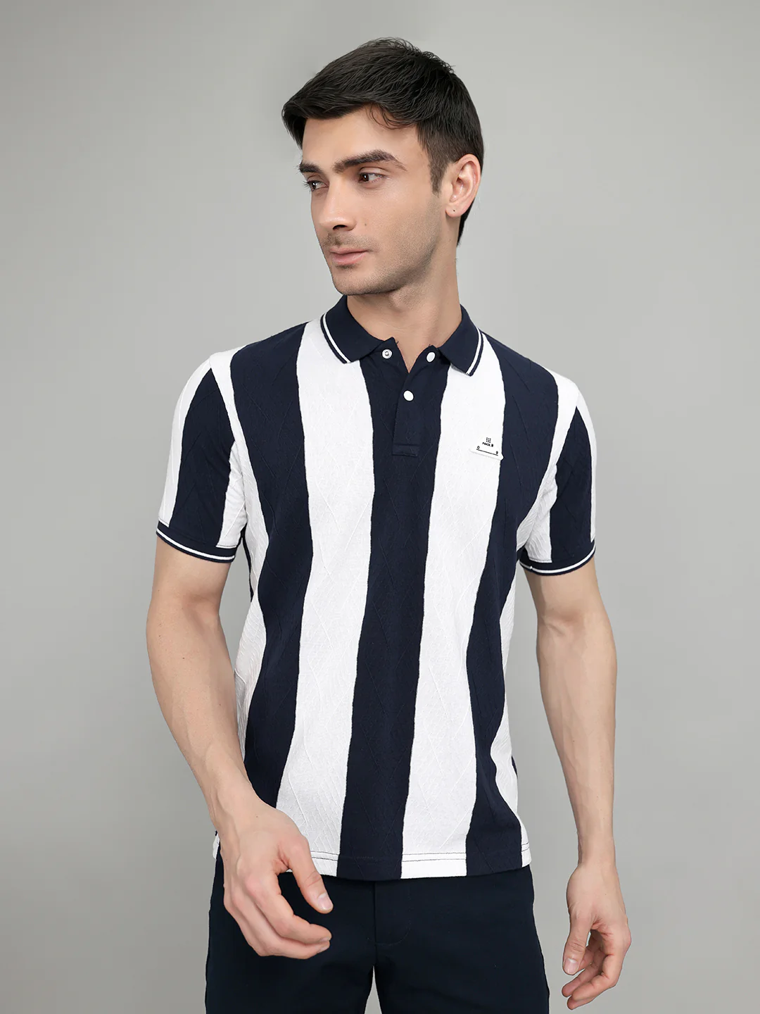 Rock.it Men Navy Blue & White Stripe Collar Half Sleeve T-Shirt