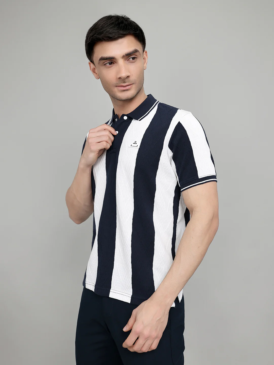 Rock.it Men Navy Blue & White Stripe Collar Half Sleeve T-Shirt - Image 2