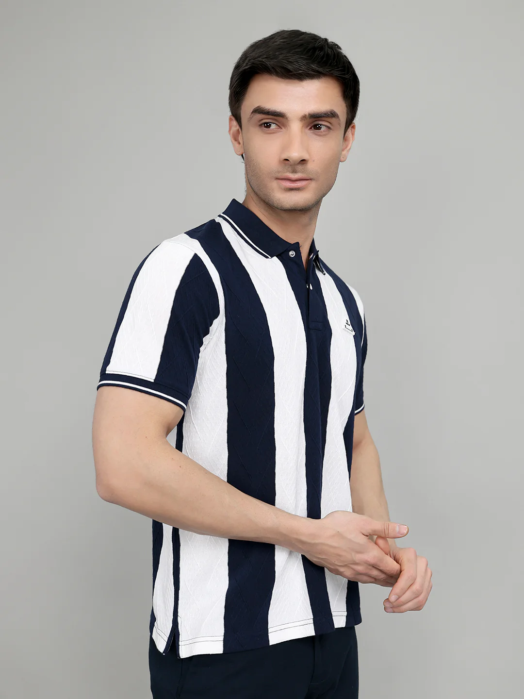 Rock.it Men Navy Blue & White Stripe Collar Half Sleeve T-Shirt - Image 3
