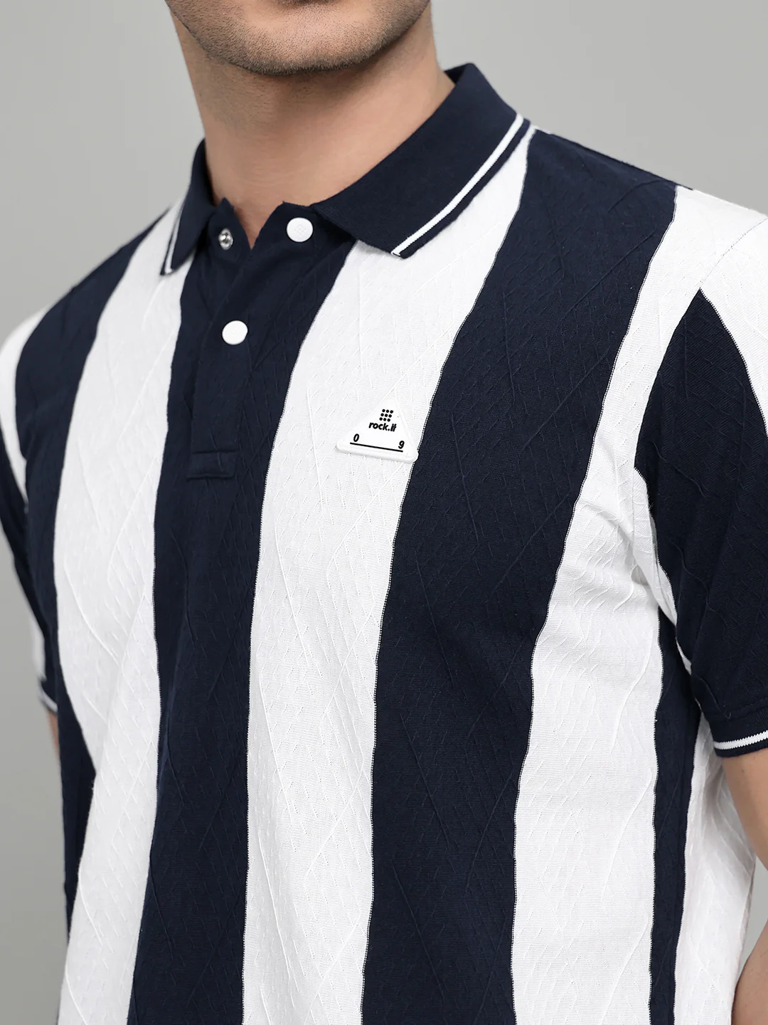 Rock.it Men Navy Blue & White Stripe Collar Half Sleeve T-Shirt - Image 5