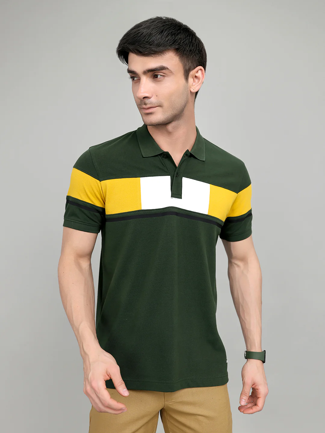 Rock.it Men Olive Colourblocked Collar Half Sleeve T-Shirt - Image 2