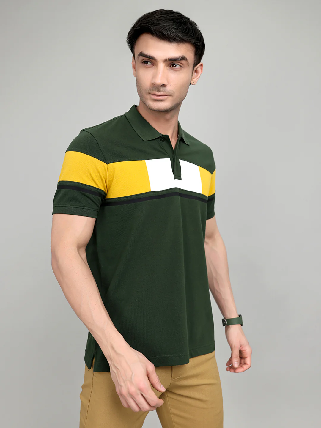 Rock.it Men Olive Colourblocked Collar Half Sleeve T-Shirt - Image 4